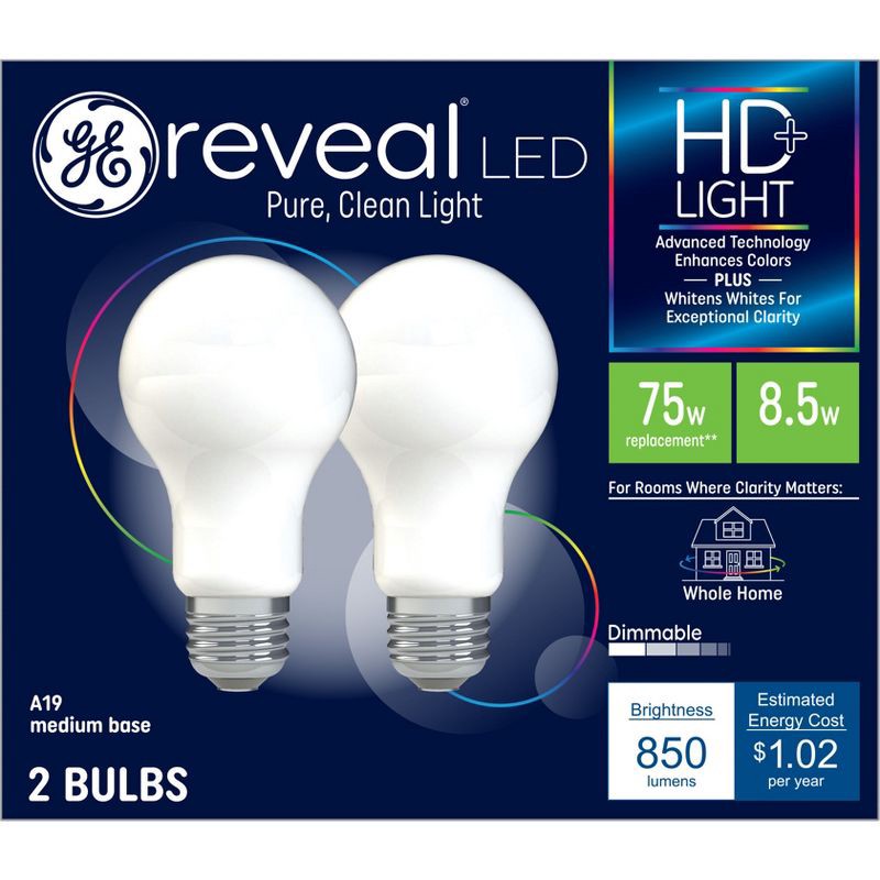 slide 1 of 6, GE Household Lighting GE 2pk 75W Reveal HD+ A21 LED Light Bulbs: 75W Equivalent, Dimmable, 850 Lumens, E26 Base, 13.7-Year Life, Suitable for Wet Locations, 2 ct