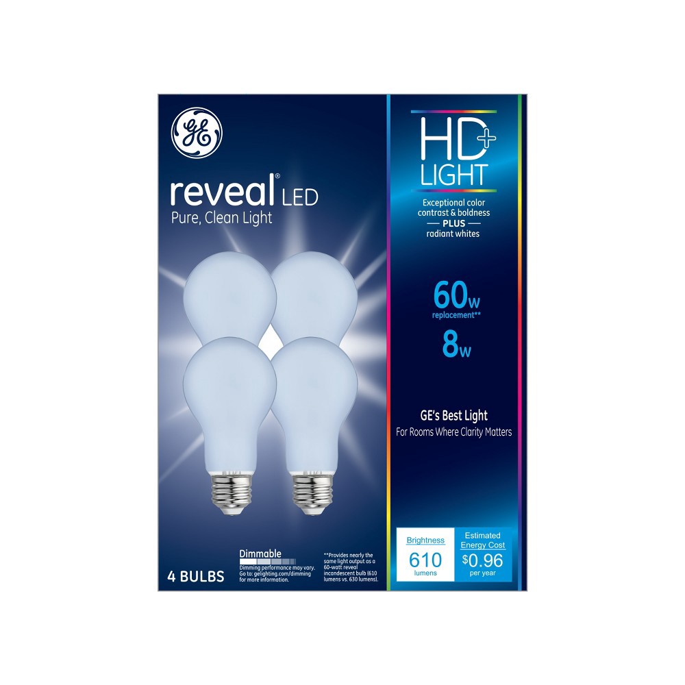 slide 2 of 7, GE Household Lighting General Electric 4pk 8W (60W Equivalent) Reveal LED HD+ Light Bulbs, 4 ct