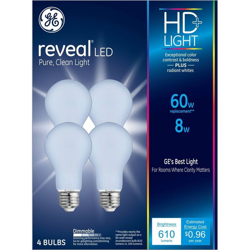 slide 7 of 10, GE Household Lighting GE 4pk 60W Reveal HD+ A19 LED Light Bulbs: 8W Equivalent, Dimmable, 610 Lumens, E26 Base, 2850K, General Electric Bulbs, 4 ct