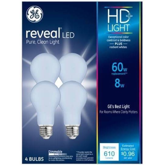 slide 1 of 7, GE Household Lighting General Electric 4pk 8W (60W Equivalent) Reveal LED HD+ Light Bulbs, 4 ct