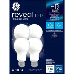 GE Household Lighting GE 4pk 60W Reveal HD+ A19 LED Light Bulbs: 8W Equivalent, Dimmable, 610 Lumens, E26 Base, 2850K, General Electric Bulbs