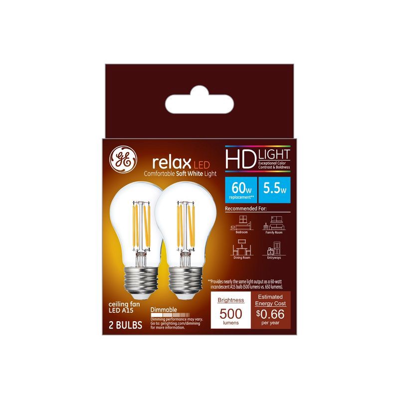 slide 2 of 2, GE Household Lighting GE 2pk 5.5W 60W Equivalent Relax LED HD Ceiling Fan Light Bulb Soft White, 2 ct