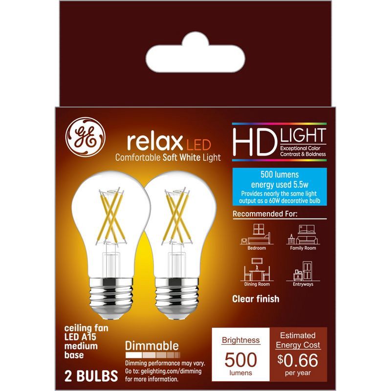 slide 1 of 7, GE Household Lighting GE 2pk 60W Relax A15 LED Ceiling Fan Light Bulb Soft White, 2 ct