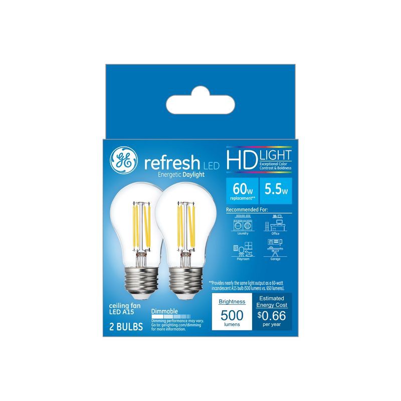 slide 2 of 2, GE Household Lighting GE 60W 2pk Equivalent Refresh LED HD Ceiling Fan Light Bulbs Daylight, 2 ct