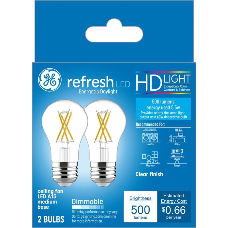 slide 1 of 6, GE Household Lighting GE 2pk 60W Refresh A15 LED Clear Ceiling Fan Light Bulbs Daylight: Dimmable, 500 Lumens, 5.5W, E26 Base, 13.7-Year Life, 2 ct