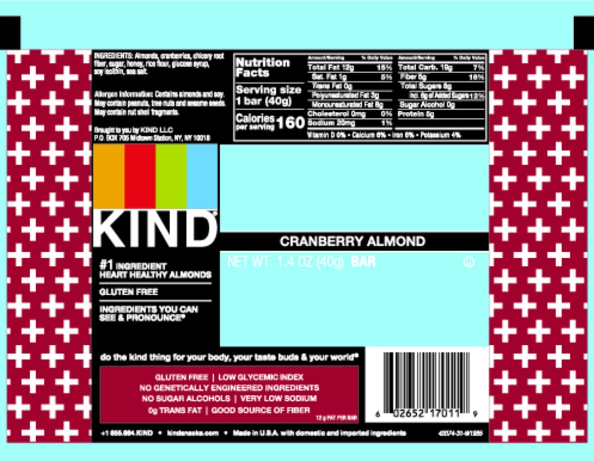 slide 2 of 6, KIND Gluten Free Cranberry Almond Snack Bar, 1.4 oz, 1.4 oz