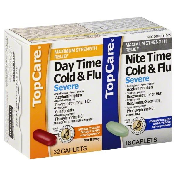 slide 1 of 1, TopCare Day Time/Nite Time Cold & Flu Severe Caplets, 48 ct