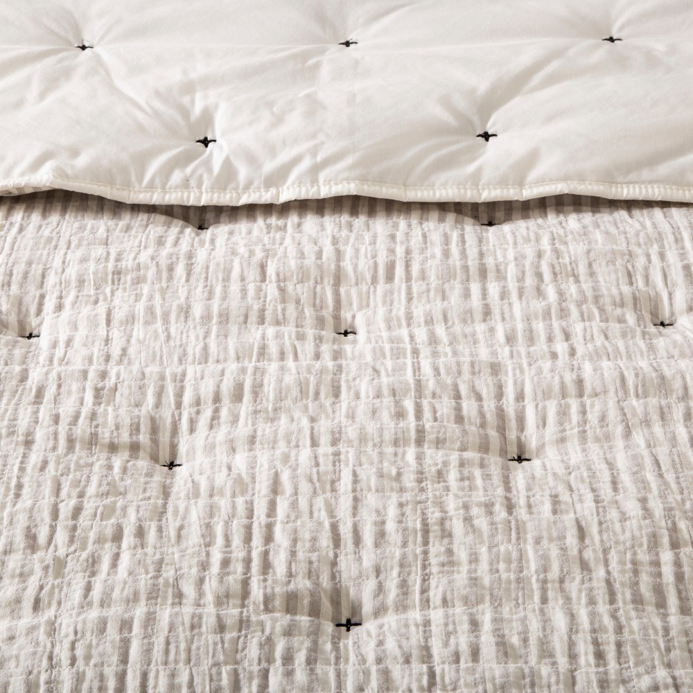 slide 2 of 4, 3pc Full/Queen Stripe and Stitch Embroidery Comforter & Sham Set - Hearth & Hand with Magnolia, 1 ct