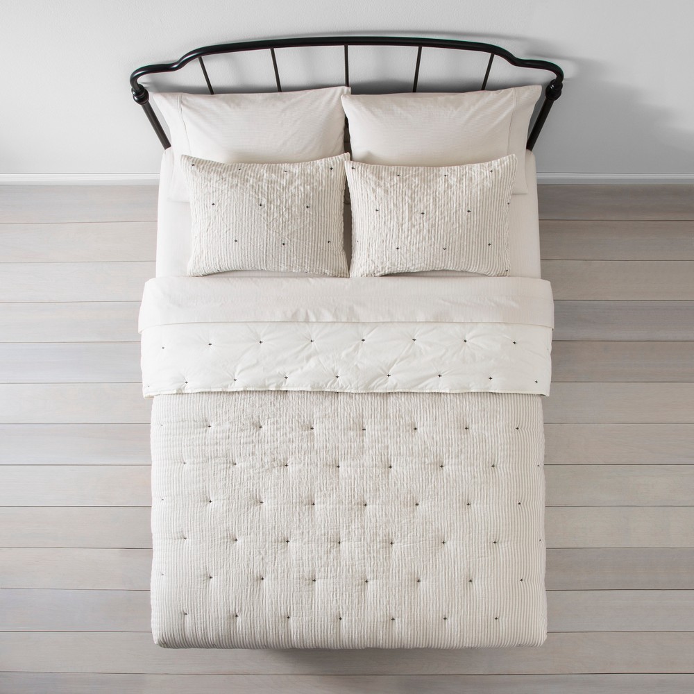 slide 4 of 4, 3pc Full/Queen Stripe and Stitch Embroidery Comforter & Sham Set - Hearth & Hand with Magnolia, 1 ct