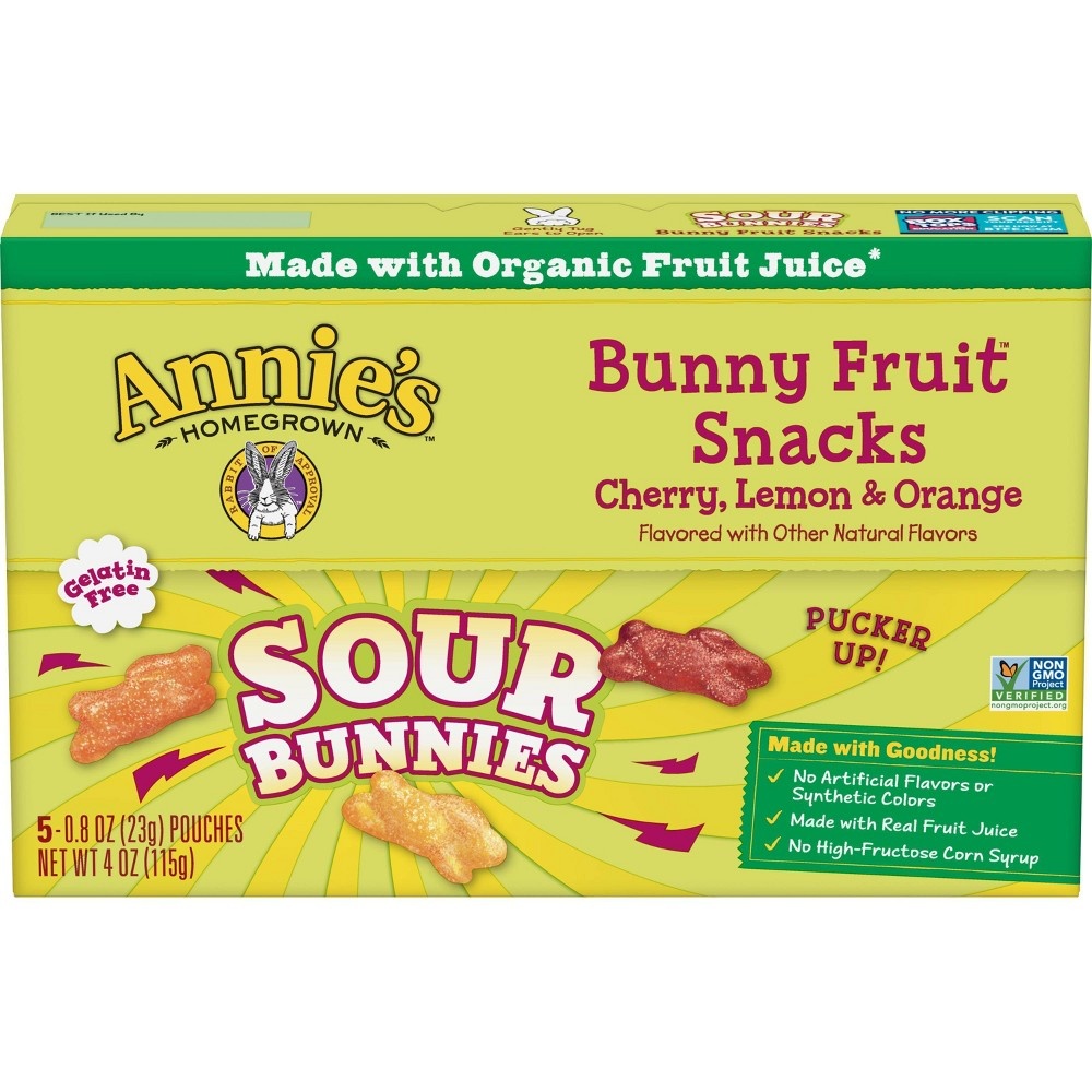 slide 2 of 3, Annie's Sour Bunnies Fruit Snacks, 5 ct