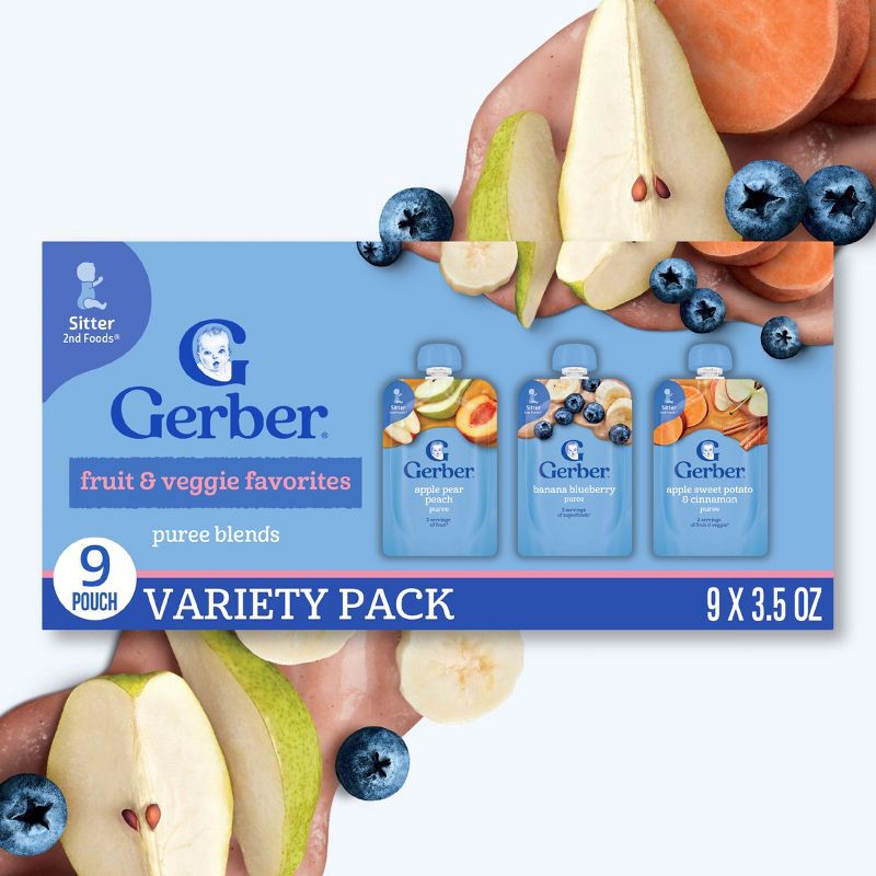 slide 2 of 8, Gerber Non-GMO Baby Food Fruit & Veggie Favorites Toddler Food Pouch Variety Pack - 3.5oz/9pk​, 9 ct; 3.5 oz