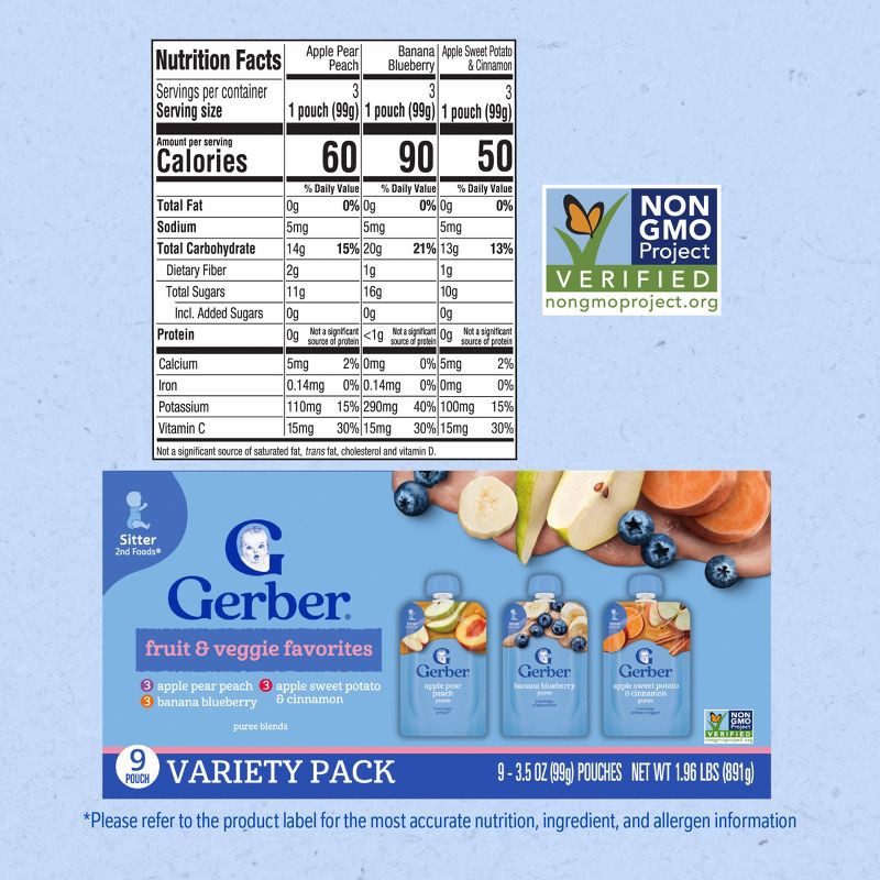 slide 7 of 8, Gerber Non-GMO Baby Food Fruit & Veggie Favorites Toddler Food Pouch Variety Pack - 3.5oz/9pk​, 9 ct; 3.5 oz