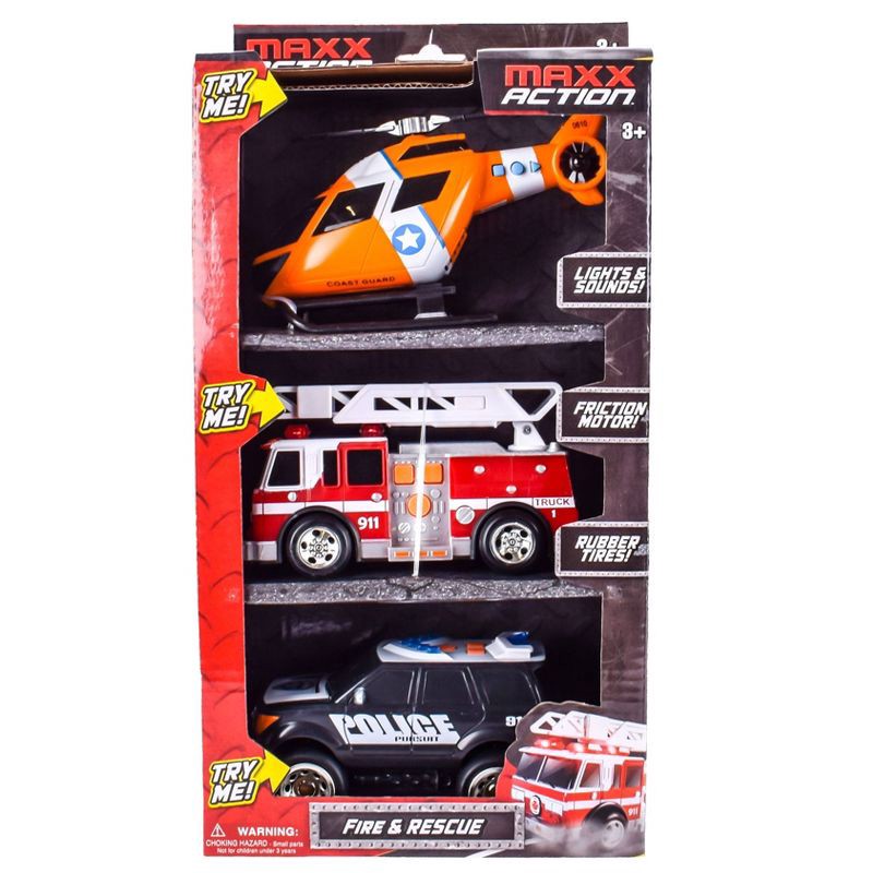 slide 1 of 7, Maxx Action Rescue Vehicle 3pk - Ambulance, Firetruck and Helicopter, 3 ct