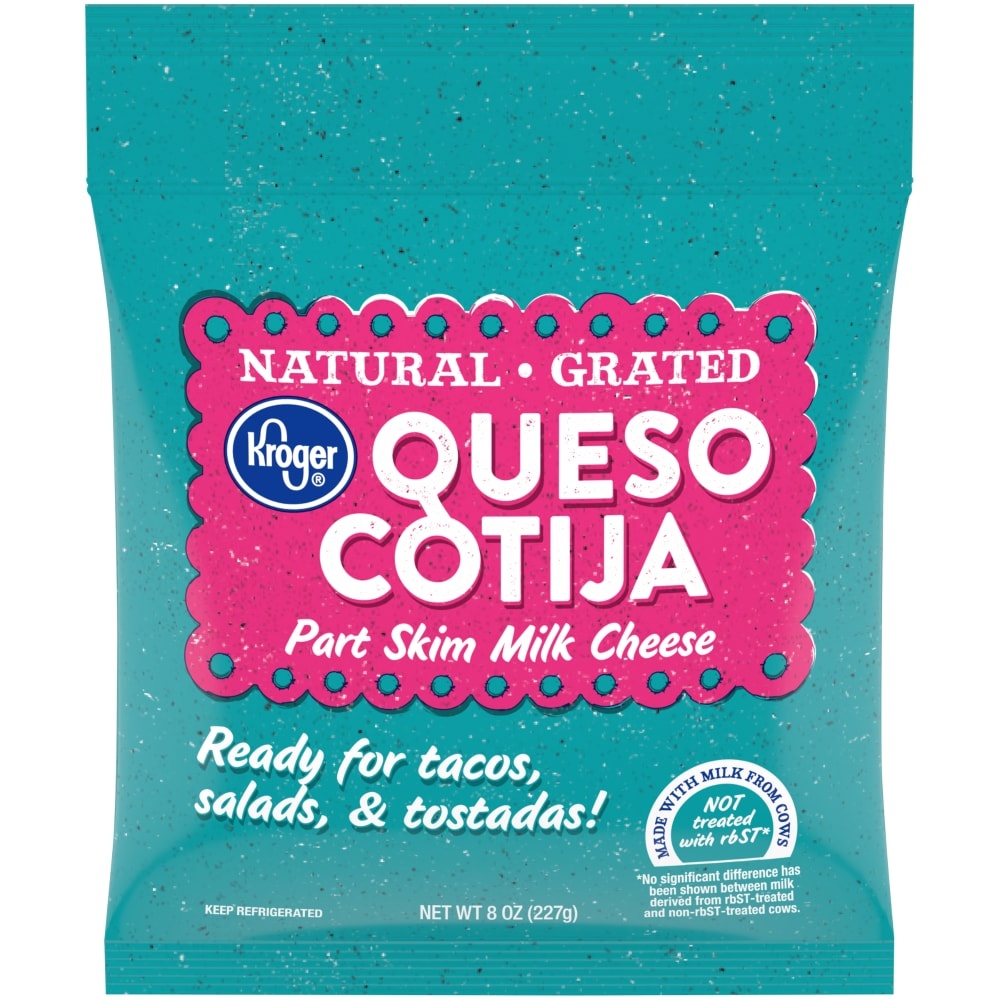 slide 1 of 1, Kroger Natural Grated Part Skim Milk Cheese Queso Cotija, 8 oz