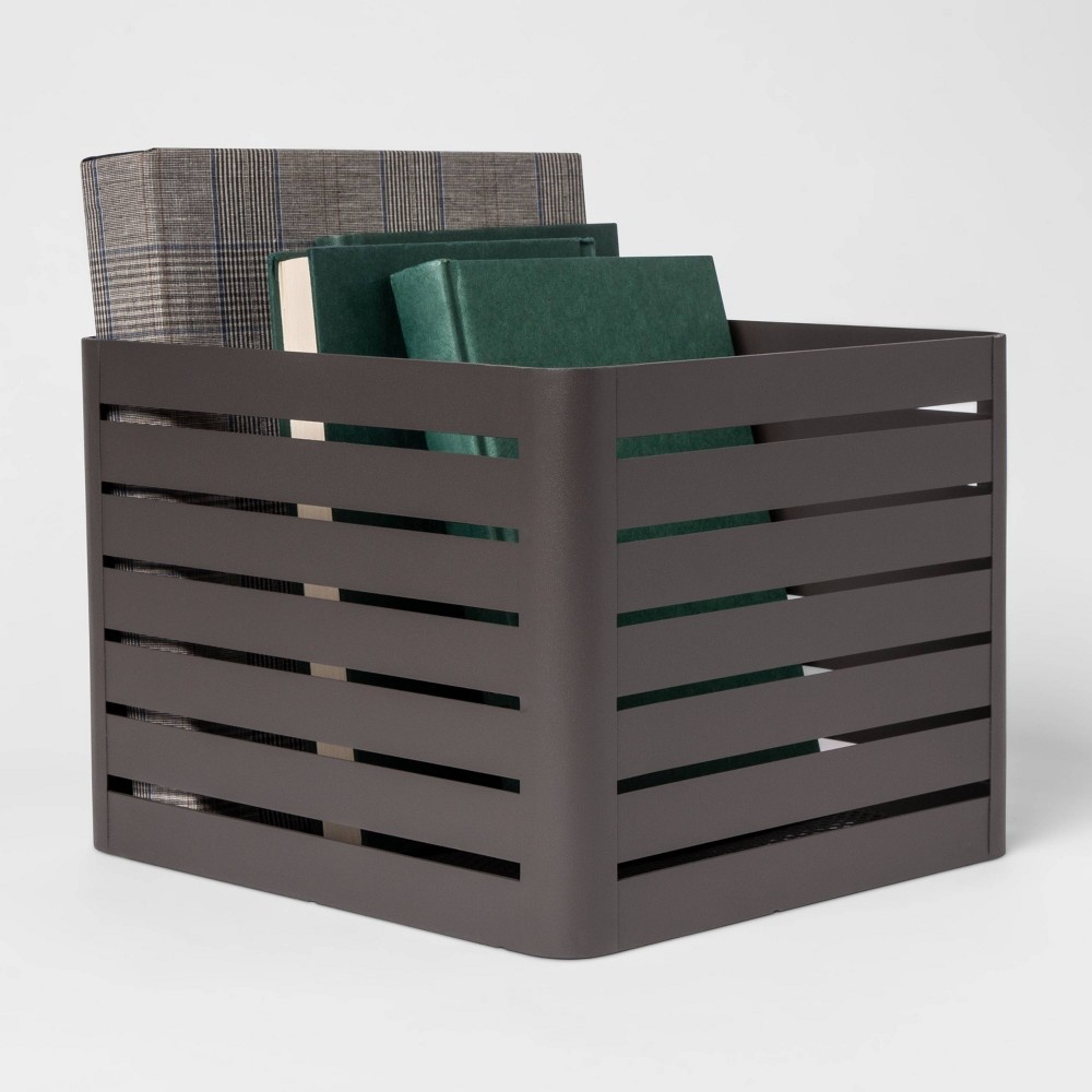 slide 2 of 3, Small Slatted Metal Bin with Mesh Bottom Charcoal 8"x10" - Project 62, 1 ct