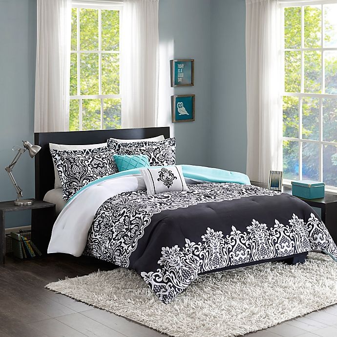 slide 1 of 5, Intelligent Design Leona Full/Queen Comforter Set - Black/Aqua, 5 ct