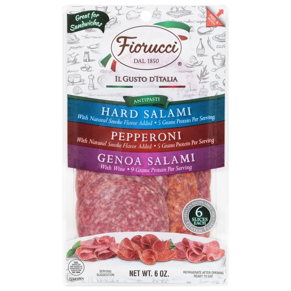 slide 1 of 9, Fiorucci Hard Salami/Pepperoni/Genoa Salami Sandwich Pack 6 oz, 1 ct
