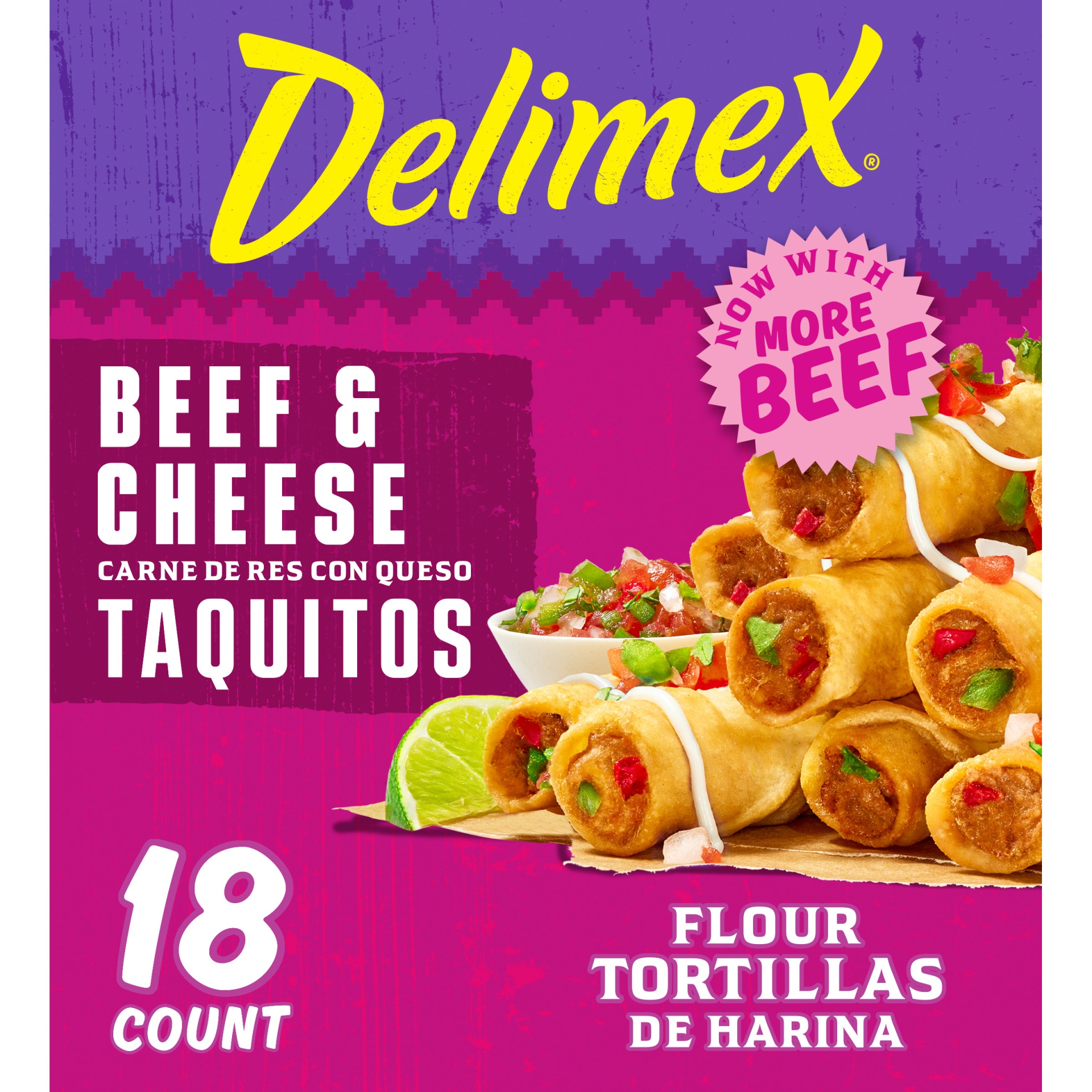slide 1 of 6, Delimex Beef & Cheese Large Flour Taquitos Frozen Snacks, 18 ct Box, 18 ct
