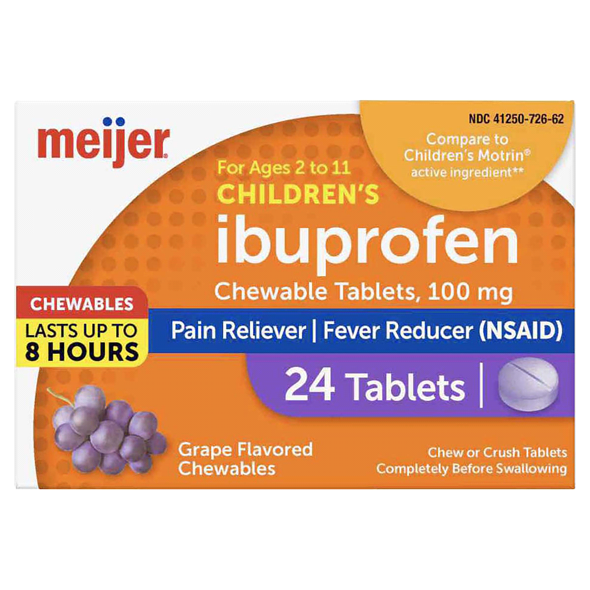 slide 1 of 29, Meijer Children's Ibuprofen Grape Chewable Tablets, 100mg, 24 ct