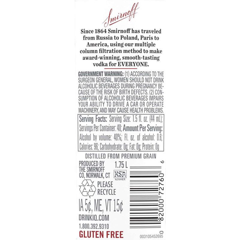 slide 7 of 9, Smirnoff Vodka - 1.75L Plastic Bottle, 1.75 liter