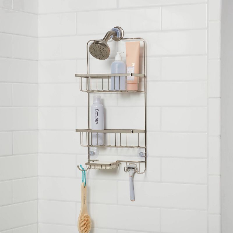 slide 2 of 3, Bathroom Shower Caddy Brushed Nickel - Threshold™: Rust-Resistant Hanging Organizer, Storage Shelf, PVC & Steel, 1 ct