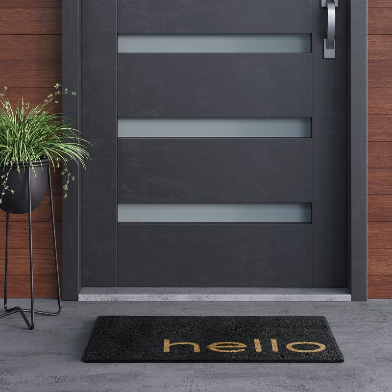 slide 3 of 3, 1'6"x2'6"/18"x30" Hello Coir Doormat Black - Threshold™: Outdoor Front Door Mat, Modern Typography, Medium Pile, 1 ct