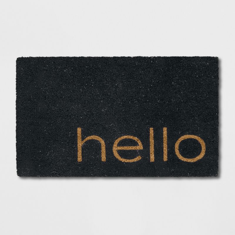 slide 1 of 3, 1'6"x2'6"/18"x30" Hello Coir Doormat Black - Threshold™: Outdoor Front Door Mat, Modern Typography, Medium Pile, 1 ct