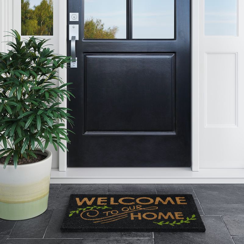 slide 3 of 4, 1'6"x2'6"/18"x30" Welcome to our Home Doormat Black - Threshold™: Outdoor Coir & Latex Front Mat, Traditional Style, 1 ct