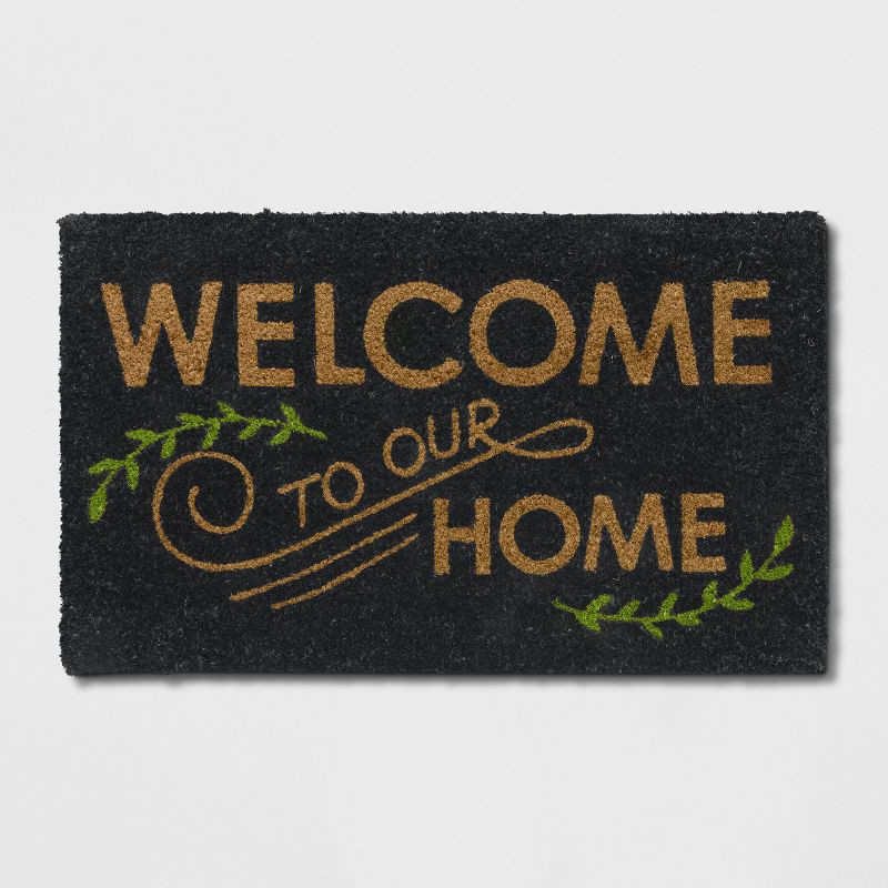 slide 1 of 4, 1'6"x2'6"/18"x30" Welcome to our Home Doormat Black - Threshold™: Outdoor Coir & Latex Front Mat, Traditional Style, 1 ct