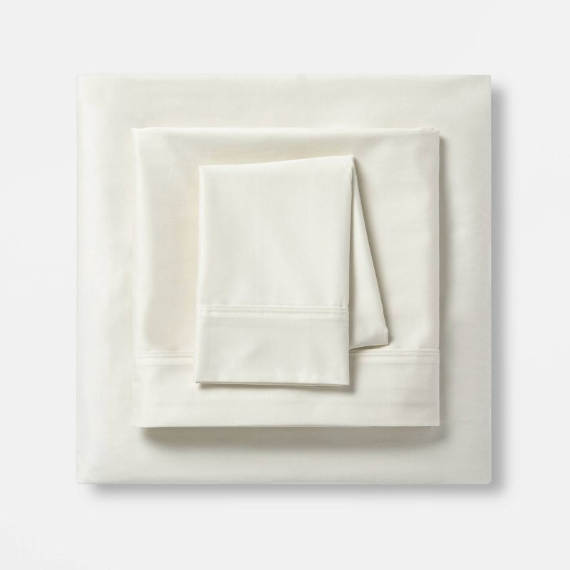 slide 1 of 4, Full Solid Performance 400 Thread Count Sheet Set Sour Cream - Threshold™: Cotton Sateen, Includes 4 Pieces, Fits Up to 18" Mattress, 4 ct