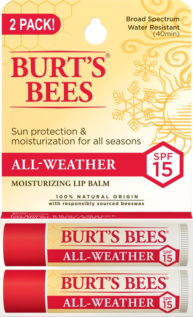 slide 3 of 7, Burt's Bees 100% Natural All-Weather SPF15 Moisturizing Lip Balm, Water Resistant, 2 Tubes, 0.3 oz