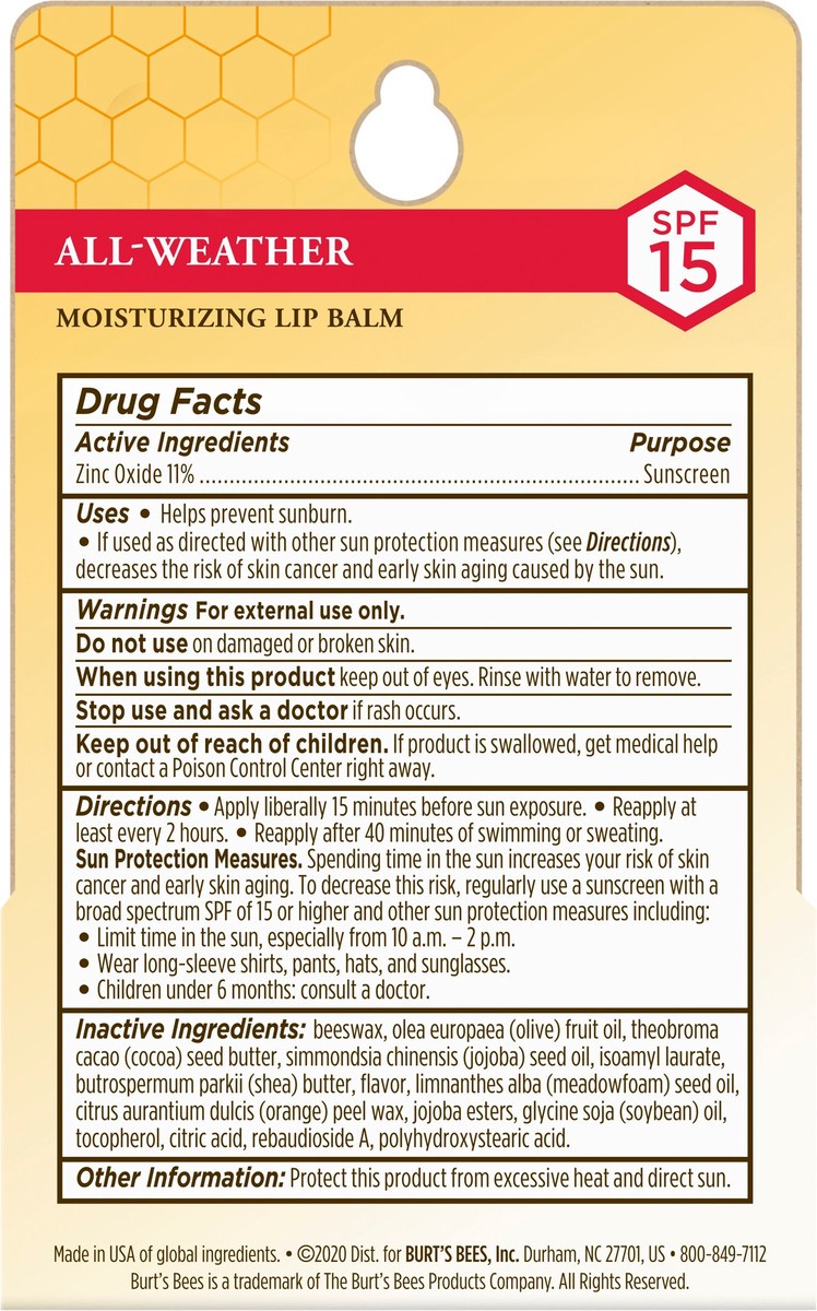 slide 6 of 7, Burt's Bees 100% Natural All-Weather SPF15 Moisturizing Lip Balm, Water Resistant, 2 Tubes, 0.3 oz