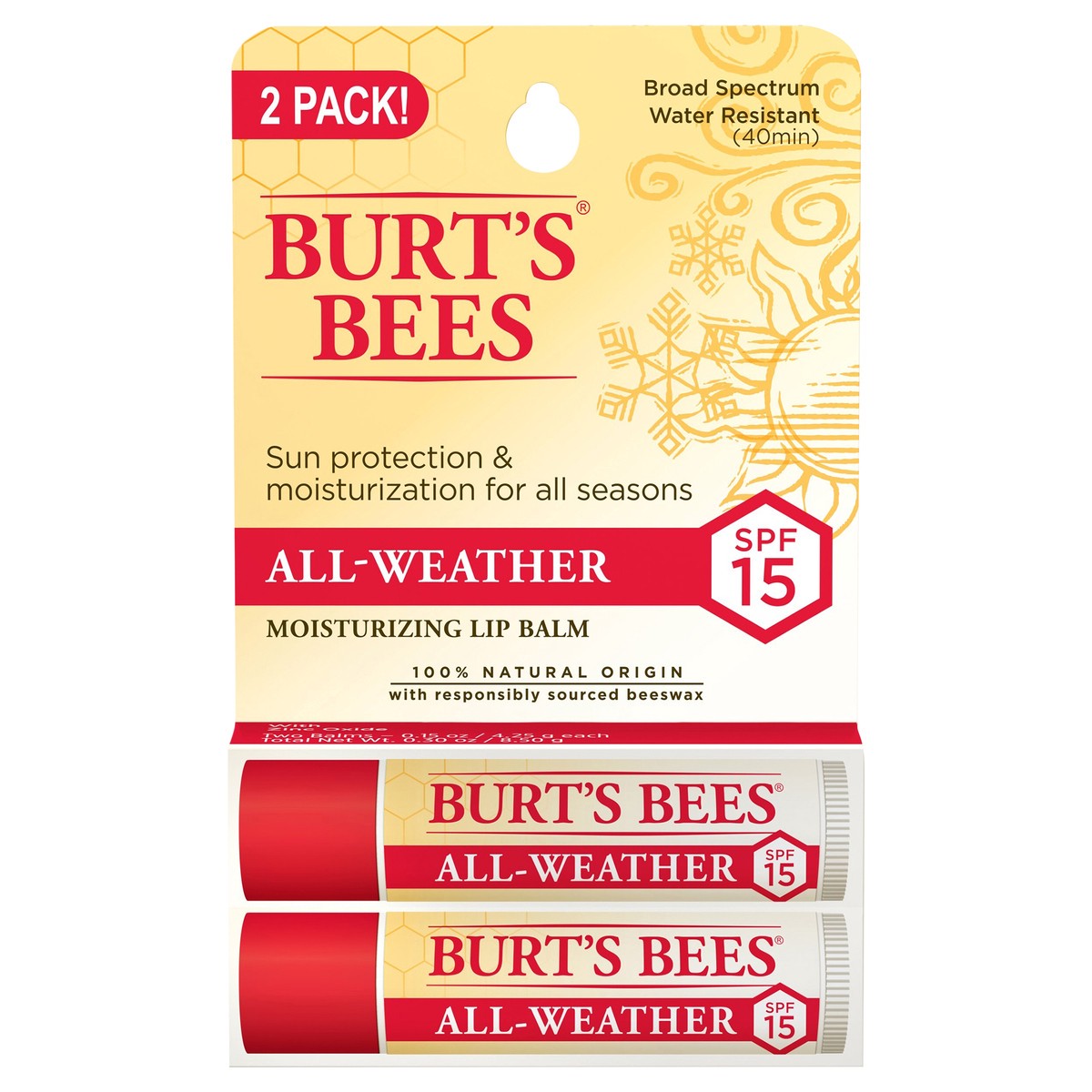 slide 5 of 7, Burt's Bees 100% Natural All-Weather SPF15 Moisturizing Lip Balm, Water Resistant, 2 Tubes, 0.3 oz