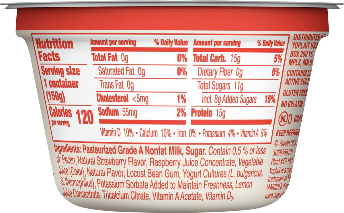 slide 7 of 8, Yoplait Greek Blended Yogurt, Fat Free, Strawberry Raspberry, 5.3 oz