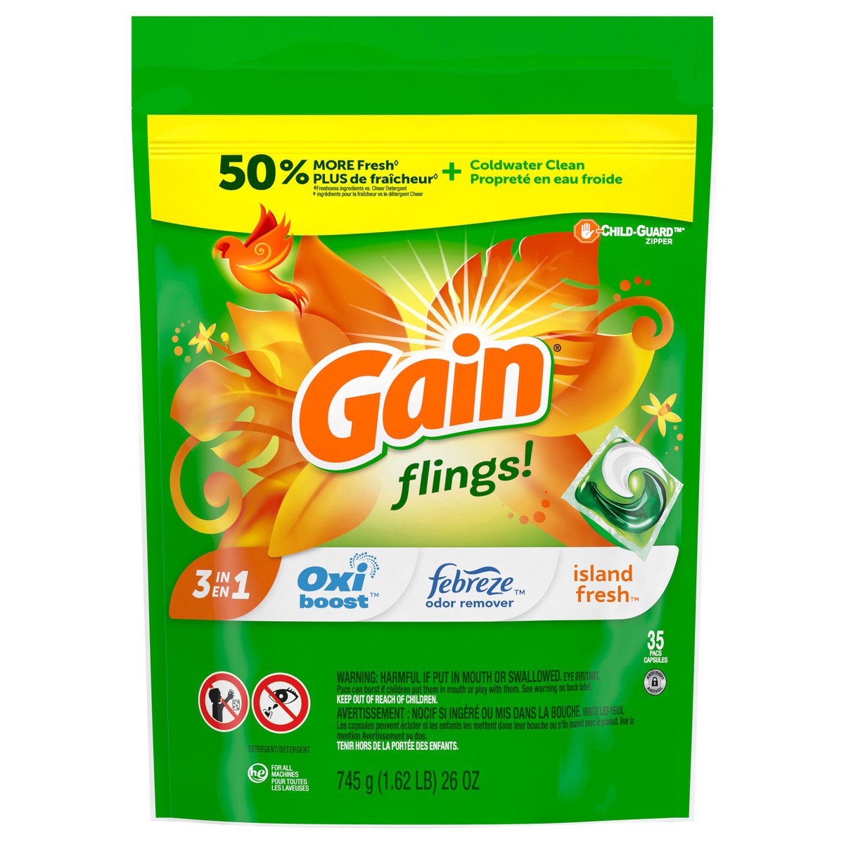 slide 2 of 7, Gain flings! Liquid Laundry Detergent Soap Pacs, HE Compatible, 35 Count, Long Lasting Scent, Island Fresh Scent, 35 ct