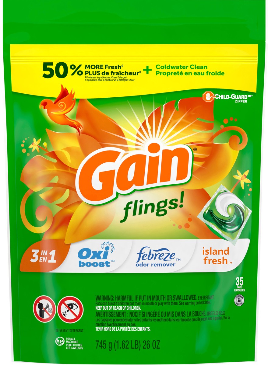 slide 1 of 7, Gain flings! Liquid Laundry Detergent Soap Pacs, HE Compatible, 35 Count, Long Lasting Scent, Island Fresh Scent, 35 ct