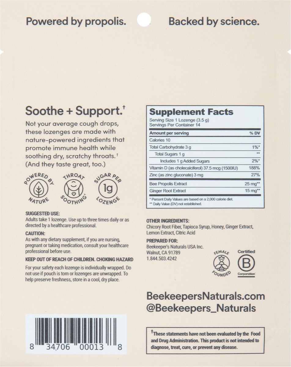 slide 7 of 9, Beekeeper's Naturals Beekeepers Naturals Lozenges Ginger Lemon, 14 ct