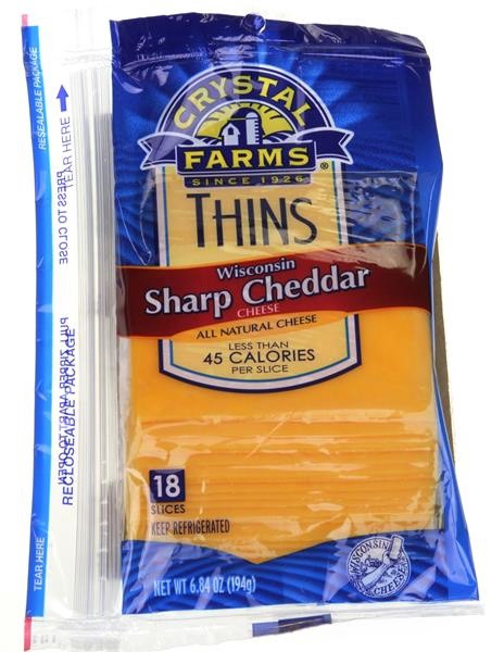 slide 1 of 1, Crystal Farms Thins Sharp Cheddar Sliced Cheese, 6.84 oz, 18 count, 18 ct