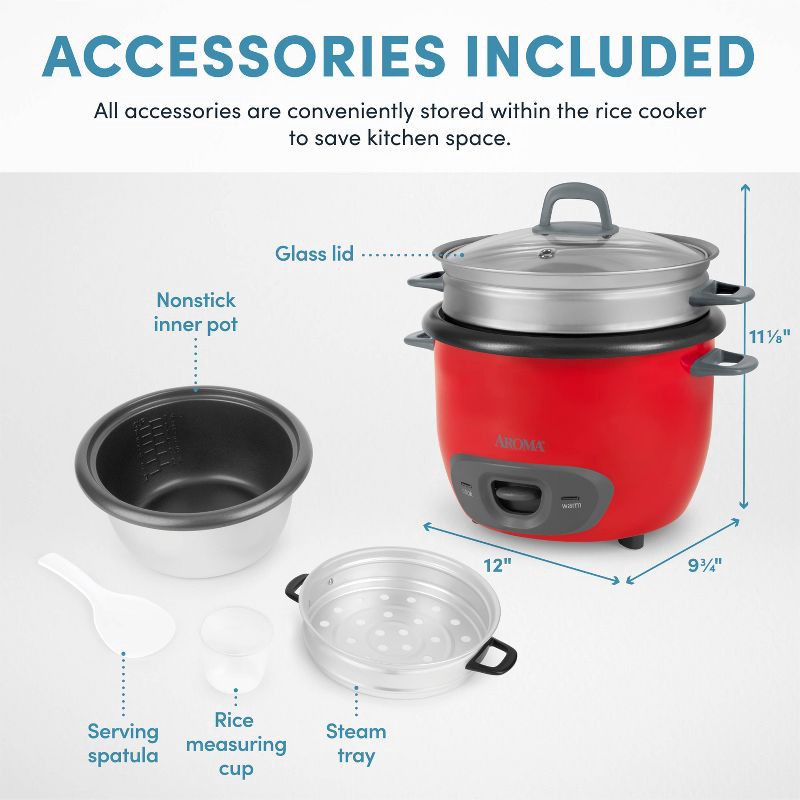 slide 12 of 15, Aroma 14 Cup Pot-Style Rice Cooker and Food Steamer - ARC-747-1NG: 2 Settings, Vegetable Steamer, Cool Touch, Red, 1 ct