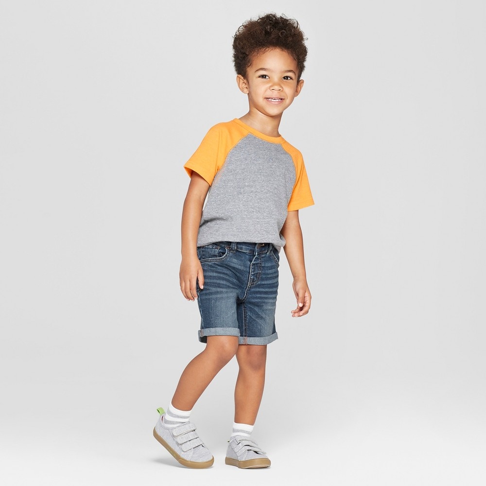 slide 3 of 3, Toddler Boys' Rolled Hem Jean Shorts - Cat & Jack Medium Blue 4T, 1 ct