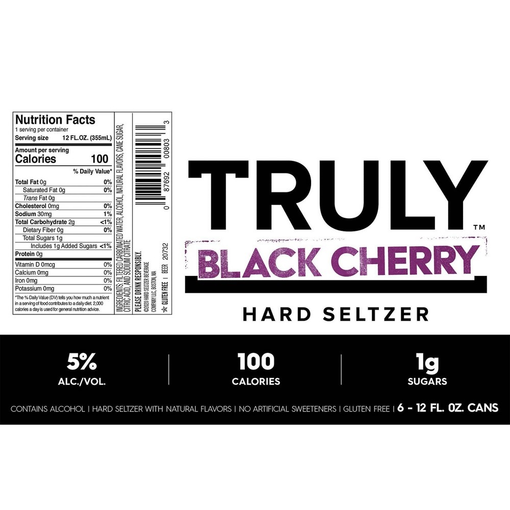 slide 4 of 4, Truly Spiked & Sparkling Truly Black Cherry Hard Seltzer - 6pk/12 fl oz Slim Cans, 6 ct; 12 fl oz