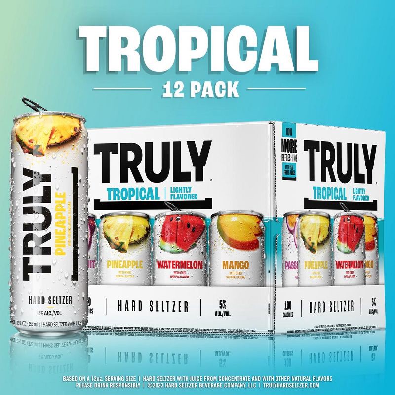 slide 5 of 8, Truly Spiked & Sparkling Truly Hard Seltzer Tropical Mix Pack - 12pk/12 fl oz Slim Cans, 12 ct; 12 fl oz