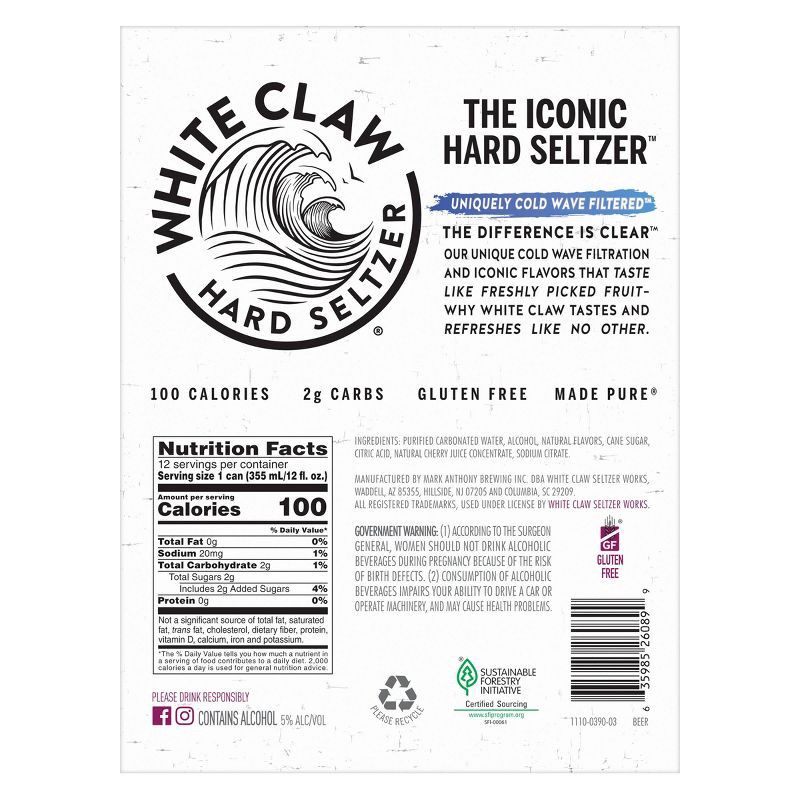 slide 8 of 8, White Claw Hard Seltzer White Claw Black Cherry Hard Seltzer - 12pk/12 fl oz Slim Cans, 12 ct; 12 fl oz