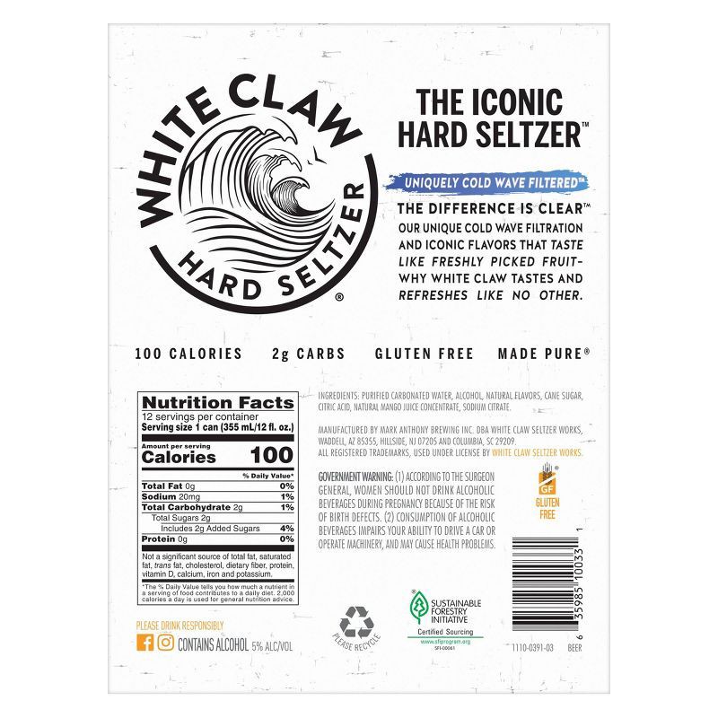 slide 6 of 6, White Claw Hard Seltzer White Claw Mango Hard Seltzer - 12pk/12 fl oz Slim Cans, 12 ct; 12 fl oz