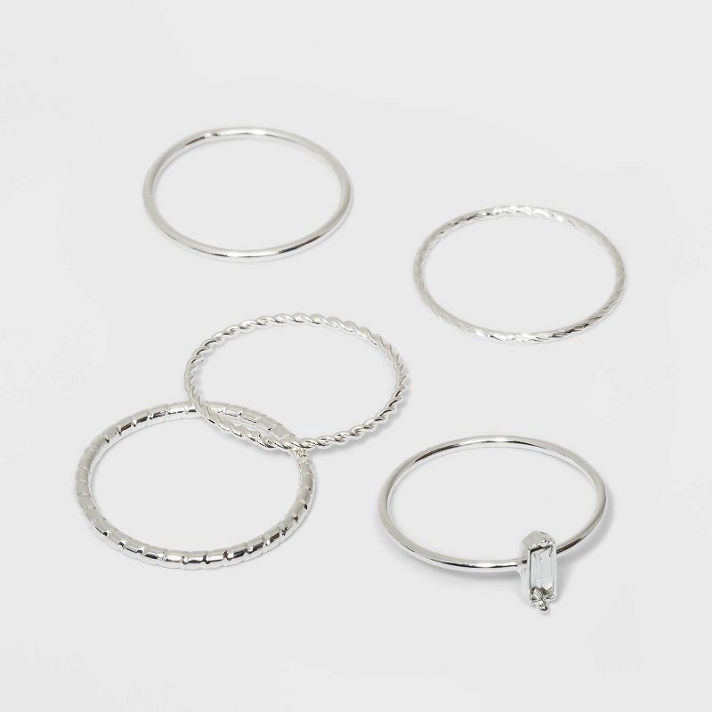 slide 1 of 1, Clear Stone and Four Thin Ring Set 5pc - A New Day™ Silver 7: Glass, Brass, Zinc Stacking Jewelry, Size 7, 5 ct