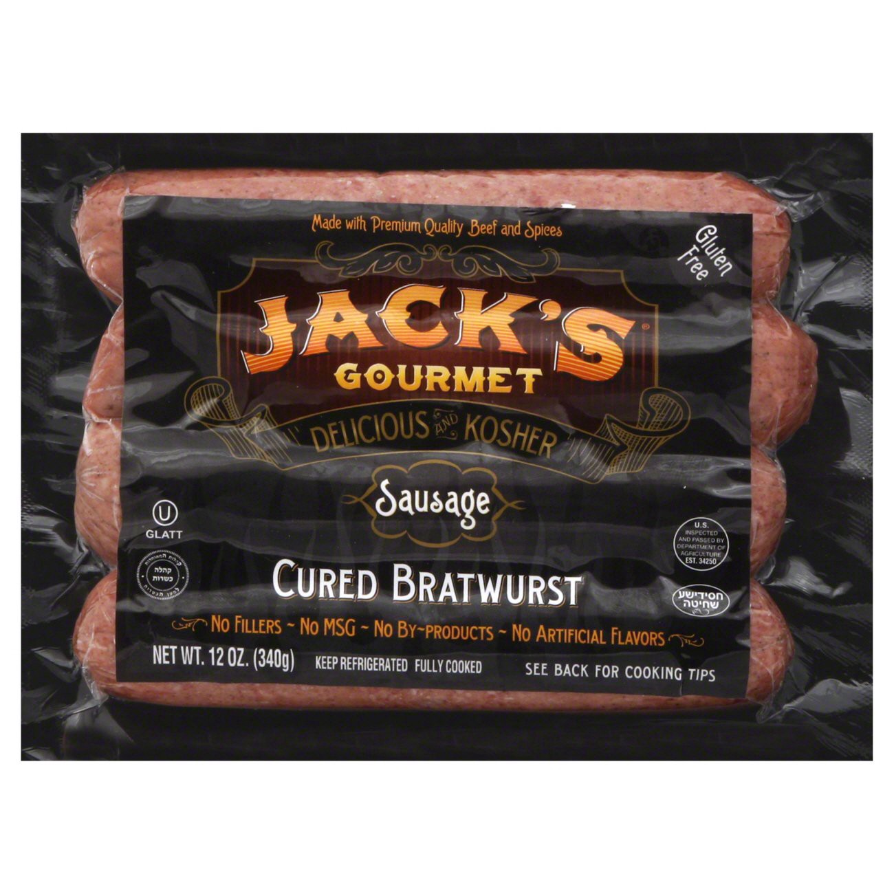 slide 1 of 5, Jack's Gourmet Kosher Cured Bratwurst Sausage, 12 oz