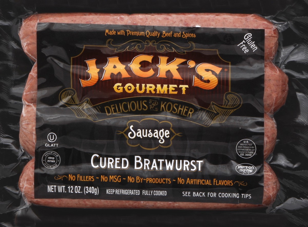 slide 5 of 5, Jack's Gourmet Kosher Cured Bratwurst Sausage, 12 oz