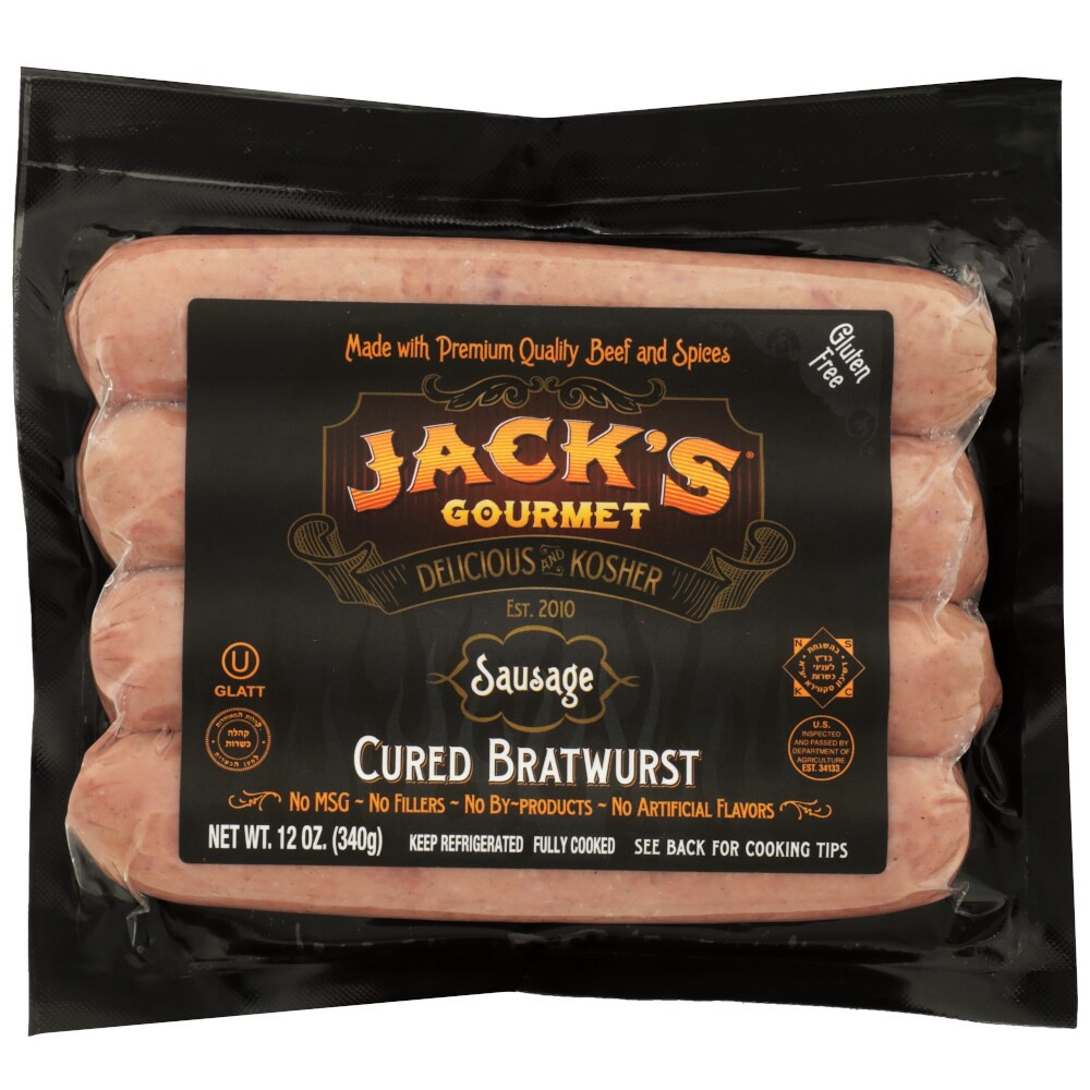 slide 1 of 1, Jack's Gourmet Kosher Cured Bratwurst Sausage, 12 oz
