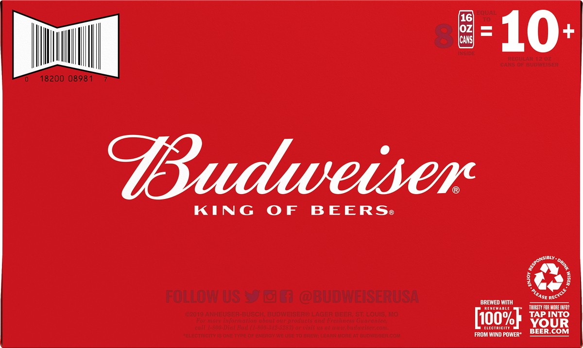 slide 3 of 8, Budweiser Lager Beer 8 - 16 fl oz Cans, 8 ct; 16 oz