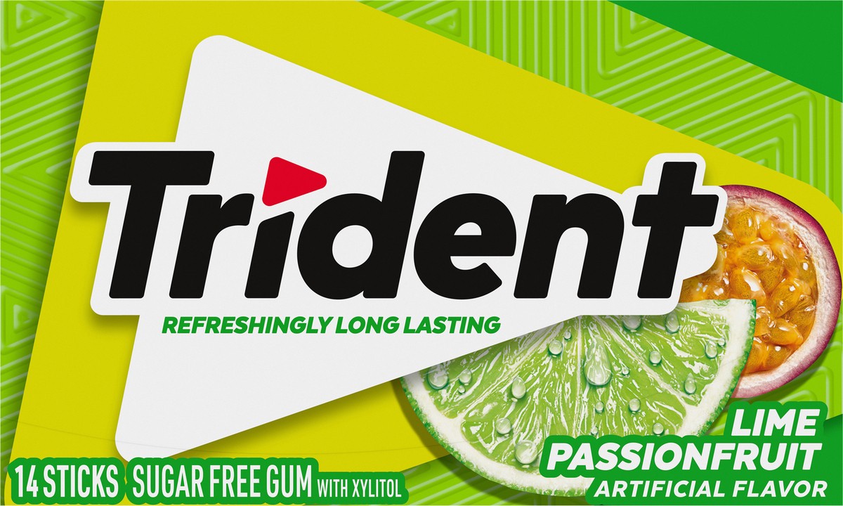 slide 6 of 9, Trident Lime Passion Fruit Twist Sugar Free Gum, Made with Xylitol, 14 Piece Pack, 0.06 lb